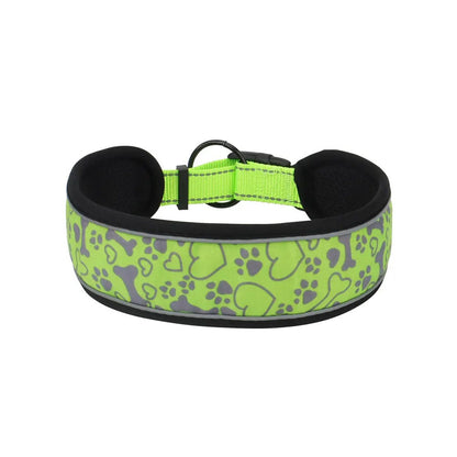 Green wide padded dog collar with bone and paw print