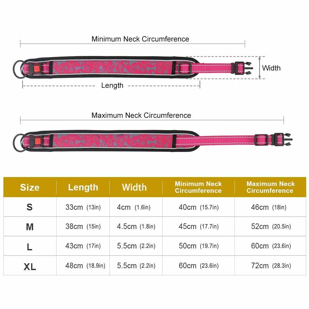 Wide dog collar size chart: S 40-46 cm, M 45-52 cm, L 50-60 cm, XL 60-72 cm neck