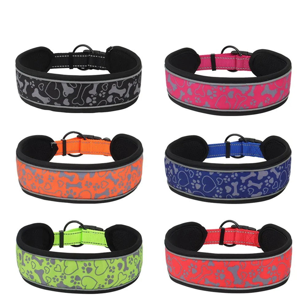Wide reflective dog collars with bone and paw print in black, rose red, orange, blue, green and red