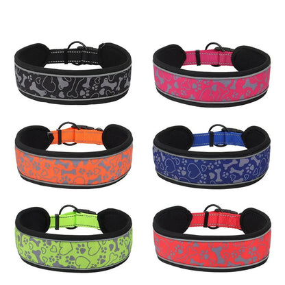 Wide reflective dog collars with bone and paw print in black, rose red, orange, blue, green and red