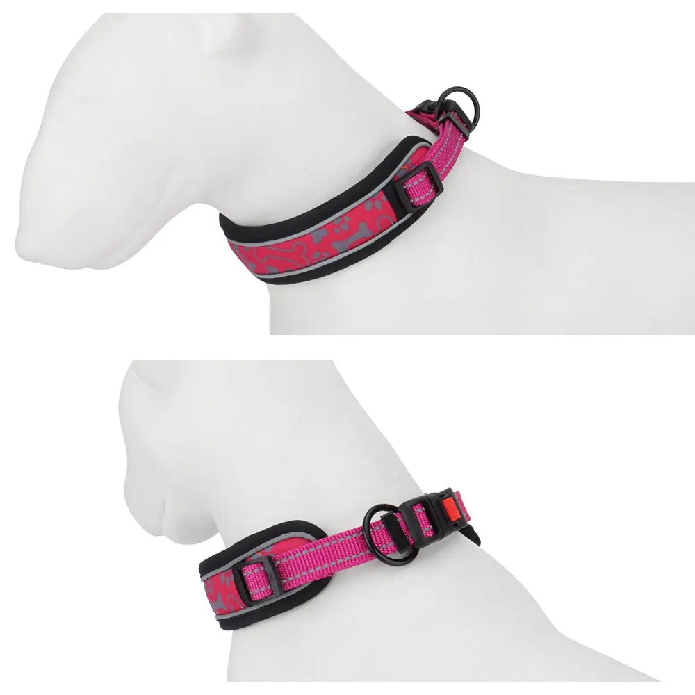 Rose red wide padded collar shown on a dog mannequin from two angles