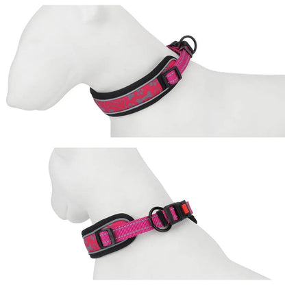 Rose red wide padded collar shown on a dog mannequin from two angles