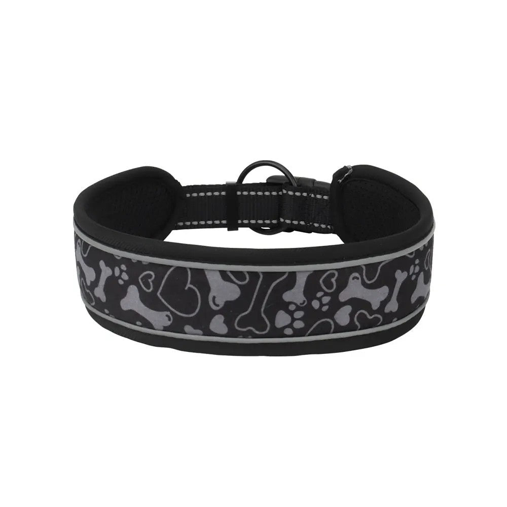 Black wide padded dog collar with grey bone and paw print