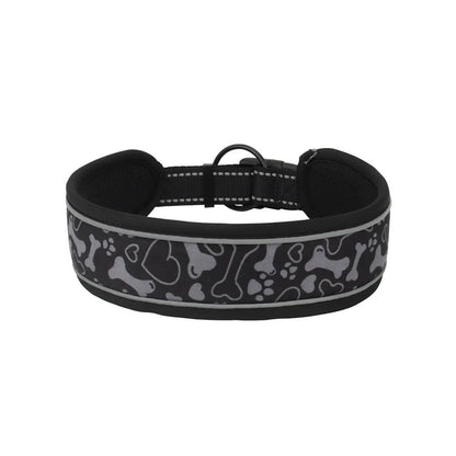 Black wide padded dog collar with grey bone and paw print