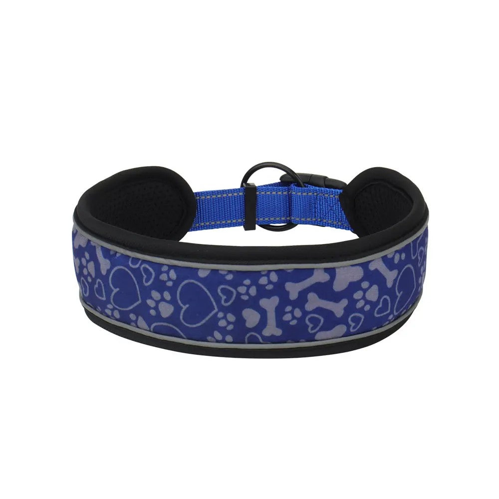 Blue wide padded dog collar with bone and paw print