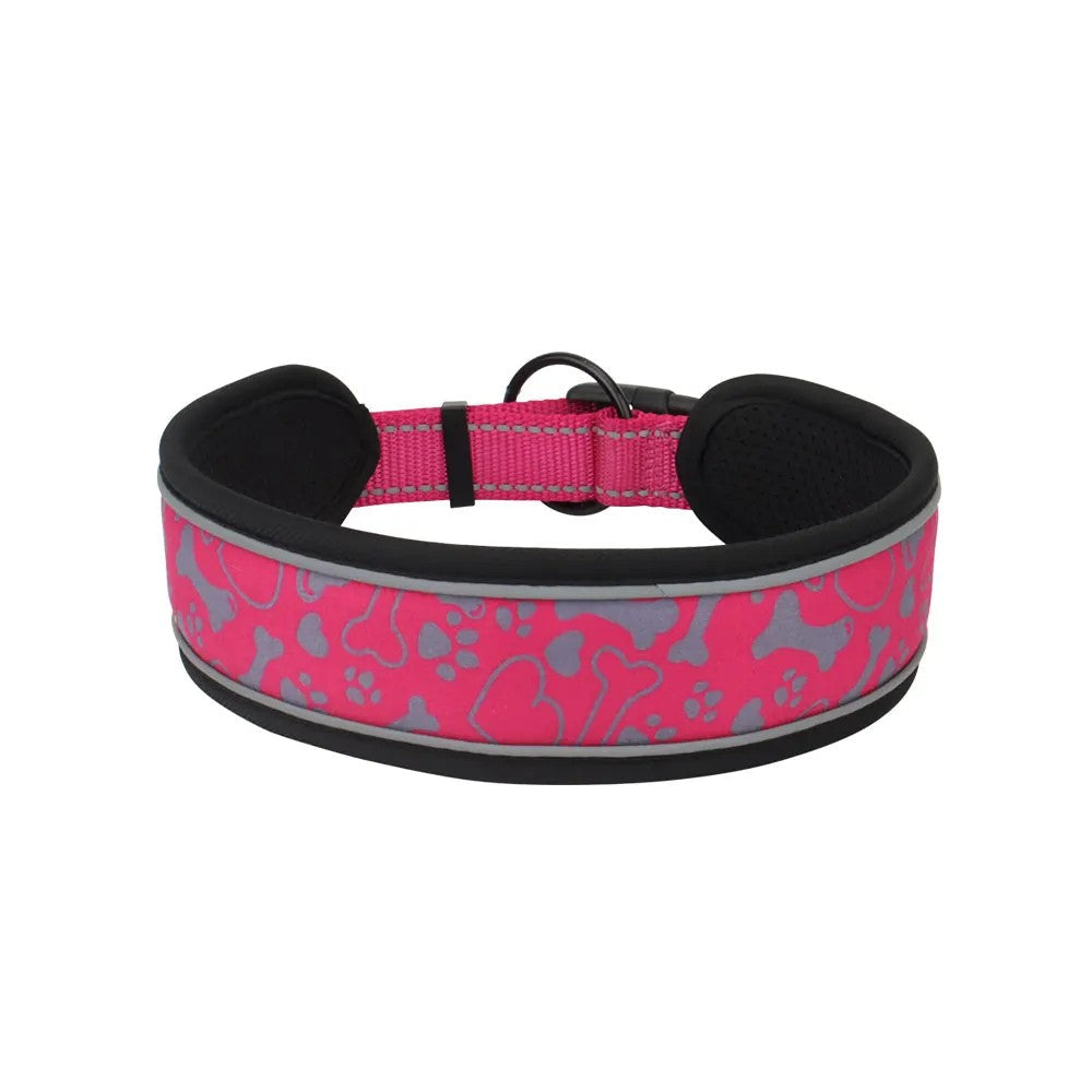 Rose red wide padded dog collar with bone and paw print