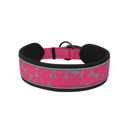Rose red wide padded dog collar with bone and paw print