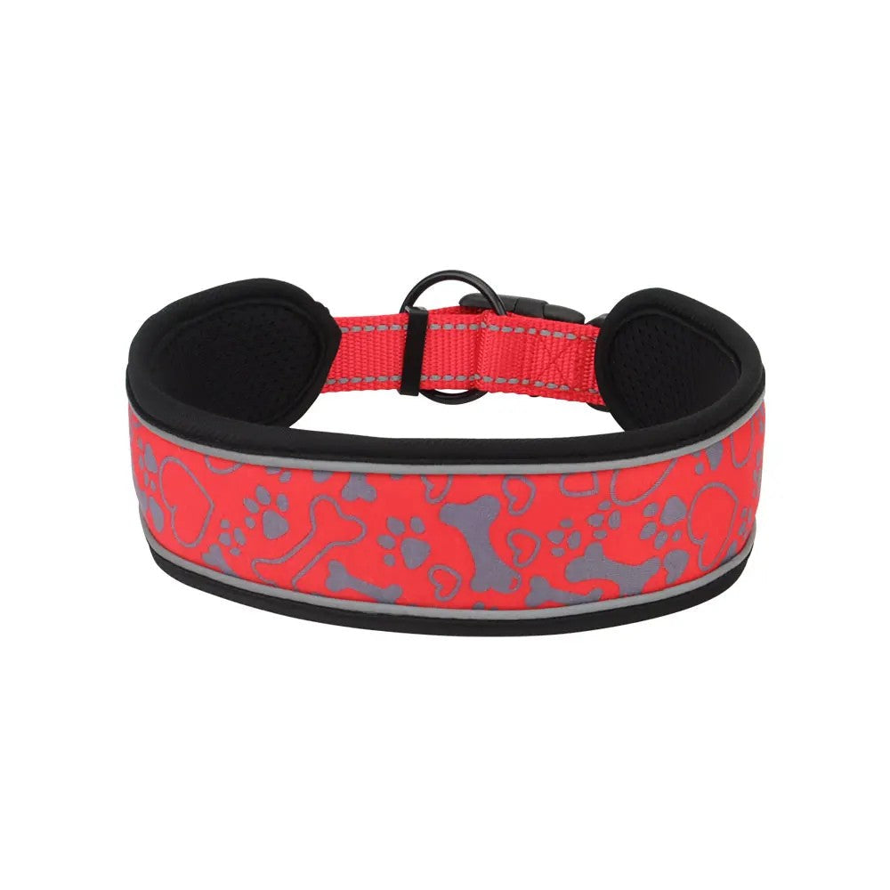 Red wide padded dog collar with bone and paw print