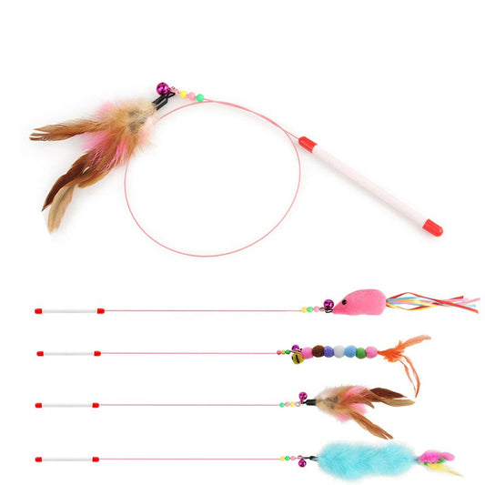 Steel wire cat toy wands with fish, ball, feather and mouse ends in a looped wire
