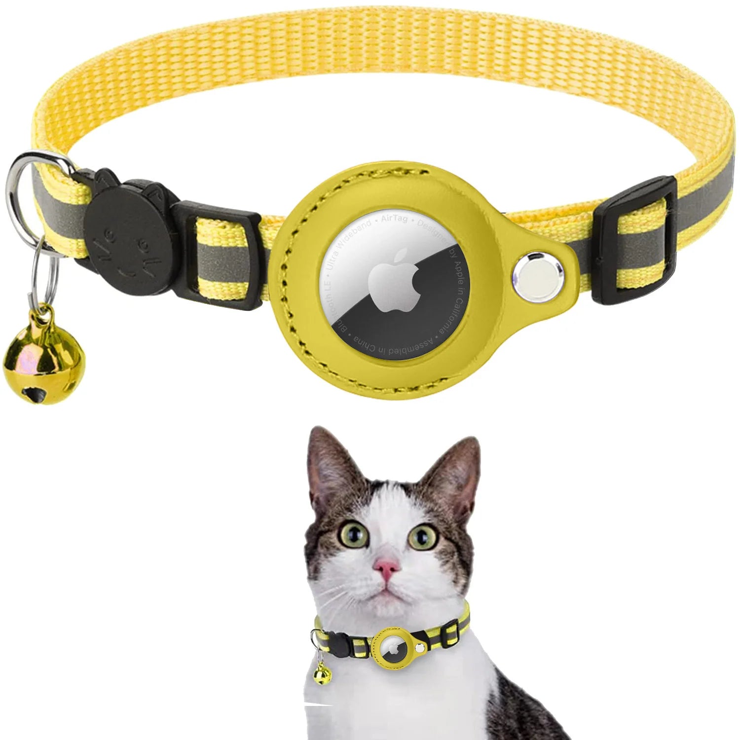 yellow airtag cat collar, breakaway cat collar with airtag holder, 